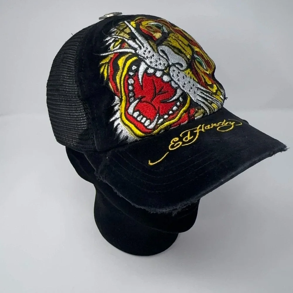 VTG Y2K Ed Hardy Trucker Hat Embroidered Tattoo Tiger Head Black Mesh Snapback - Picture 4 of 13
